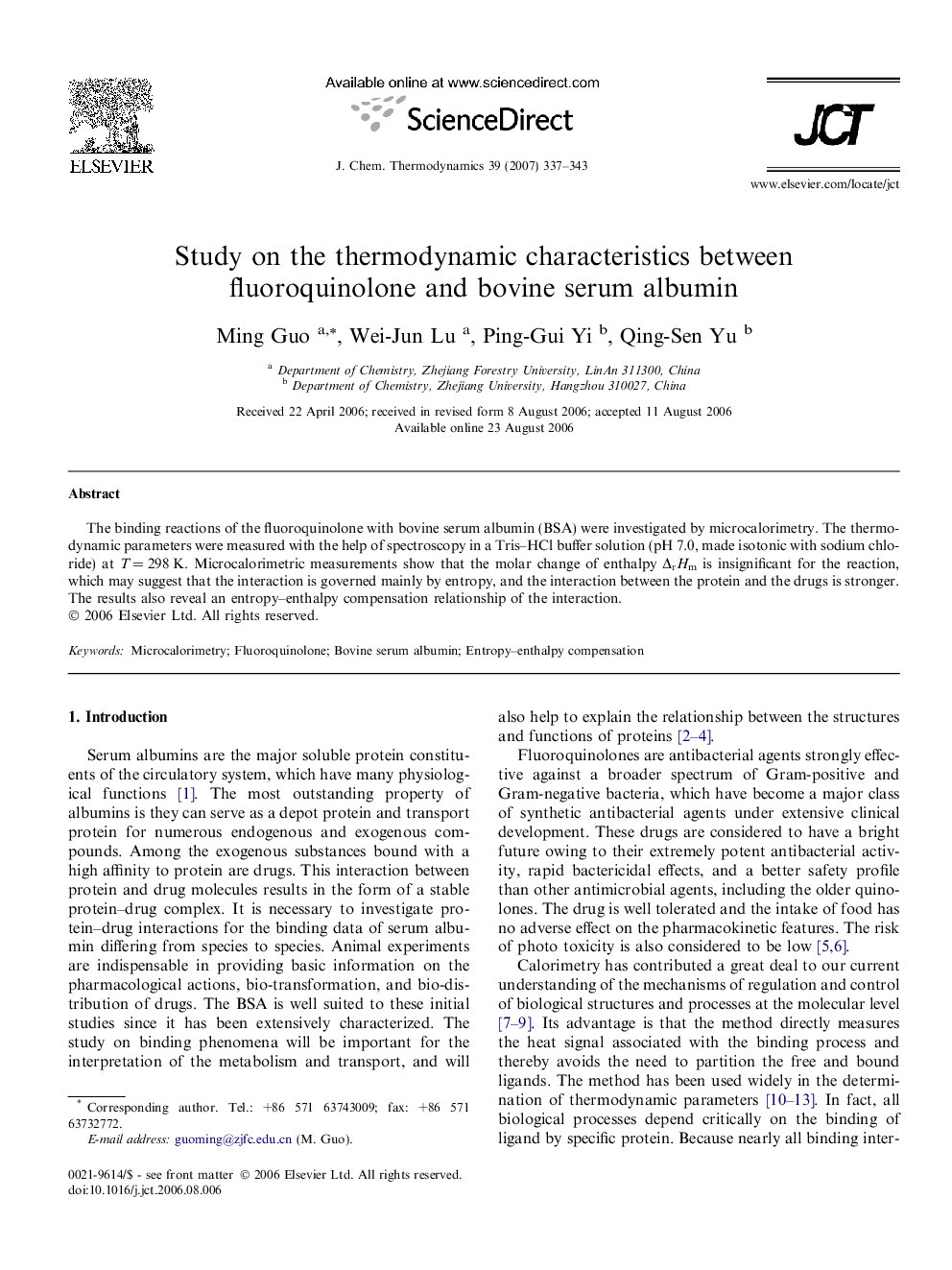 Study on the thermodynamic characteristics between fluoroquinolone and bovine serum albumin