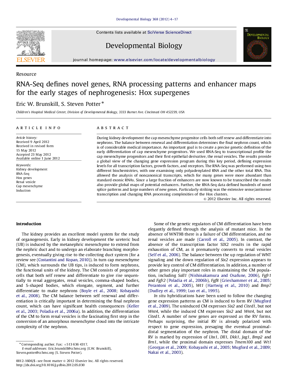 RNA-Seq defines novel genes, RNA processing patterns and enhancer maps for the early stages of nephrogenesis: Hox supergenes