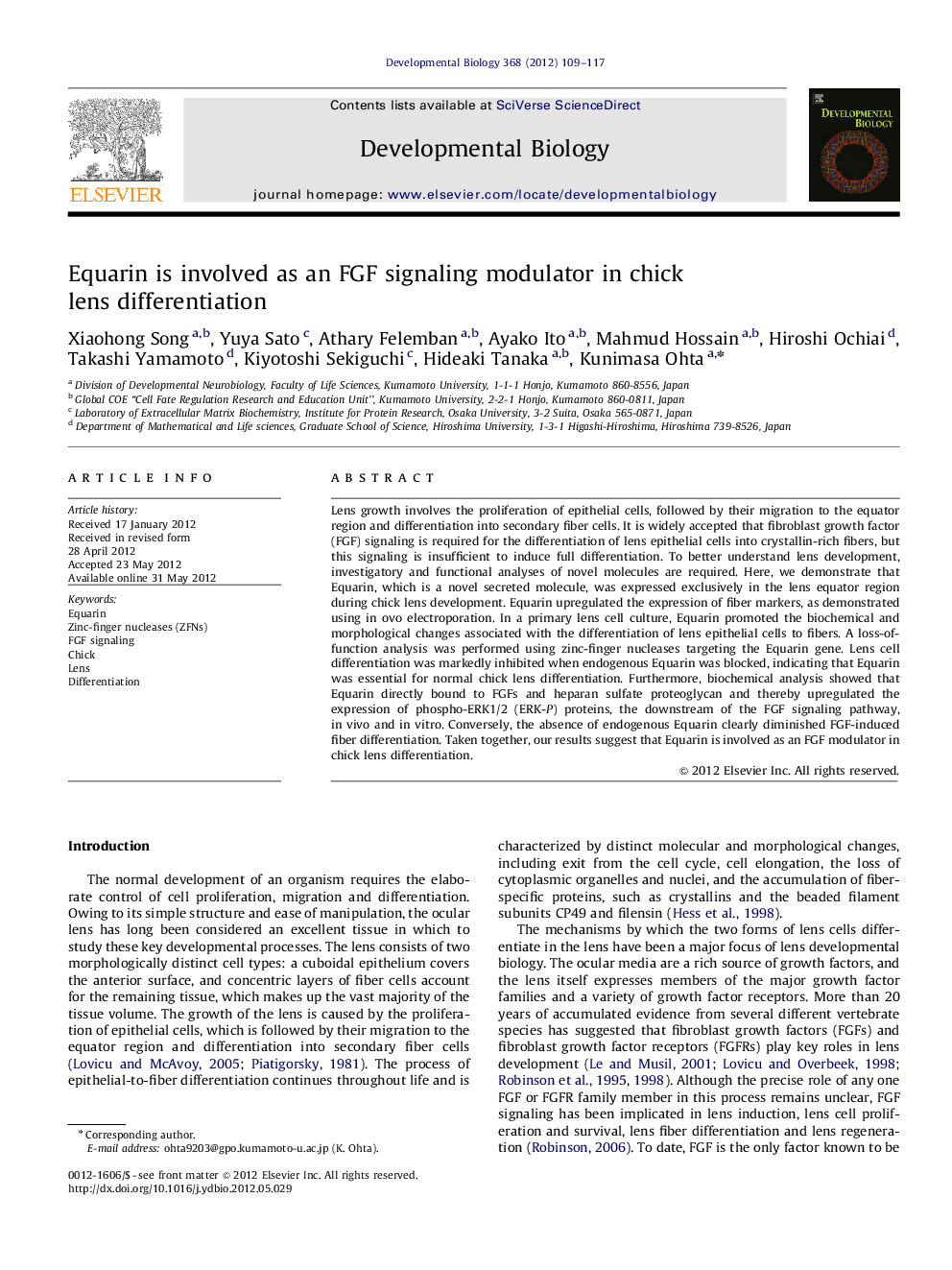 Equarin is involved as an FGF signaling modulator in chick lens differentiation