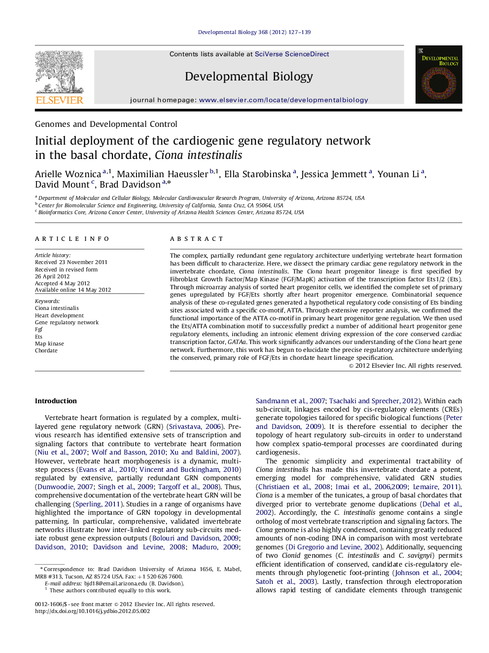 Initial deployment of the cardiogenic gene regulatory network in the basal chordate, Ciona intestinalis