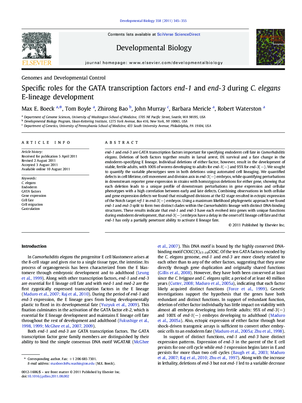 Specific roles for the GATA transcription factors end-1 and end-3 during C. elegans E-lineage development