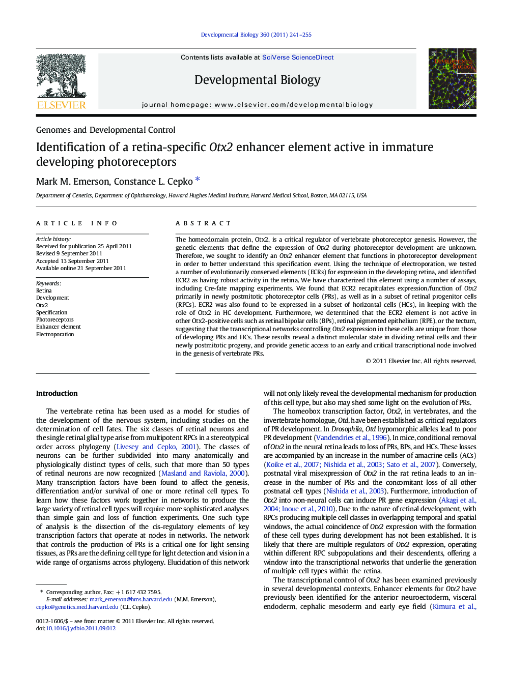 Identification of a retina-specific Otx2 enhancer element active in immature developing photoreceptors