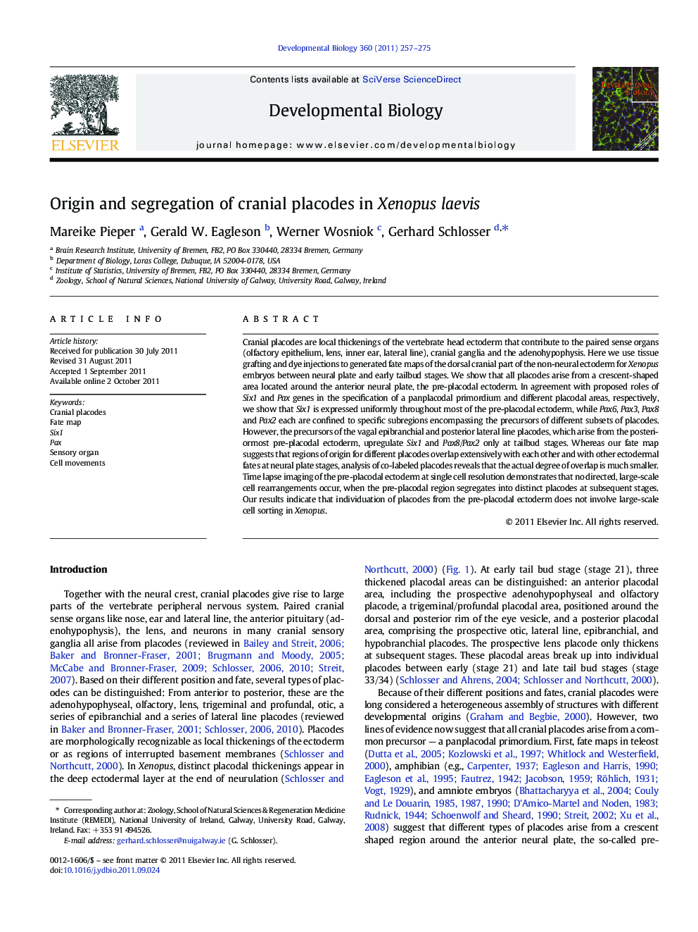 Origin and segregation of cranial placodes in Xenopus laevis