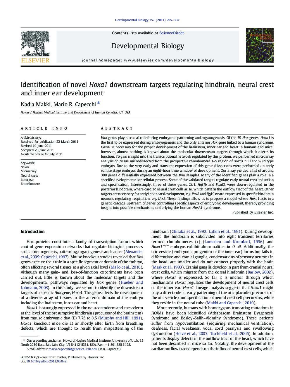 Identification of novel Hoxa1 downstream targets regulating hindbrain, neural crest and inner ear development