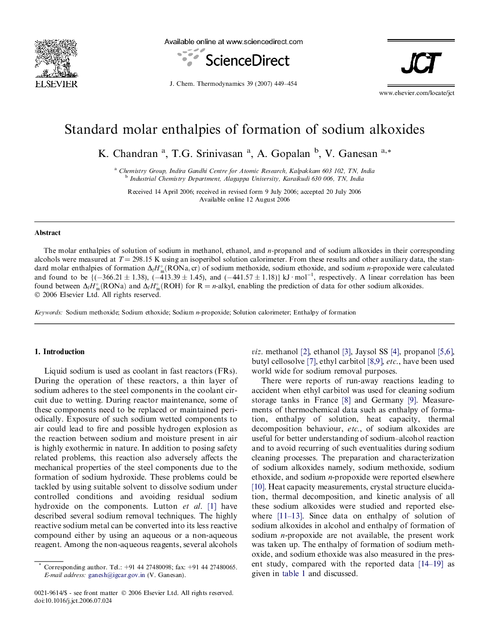 Standard molar enthalpies of formation of sodium alkoxides