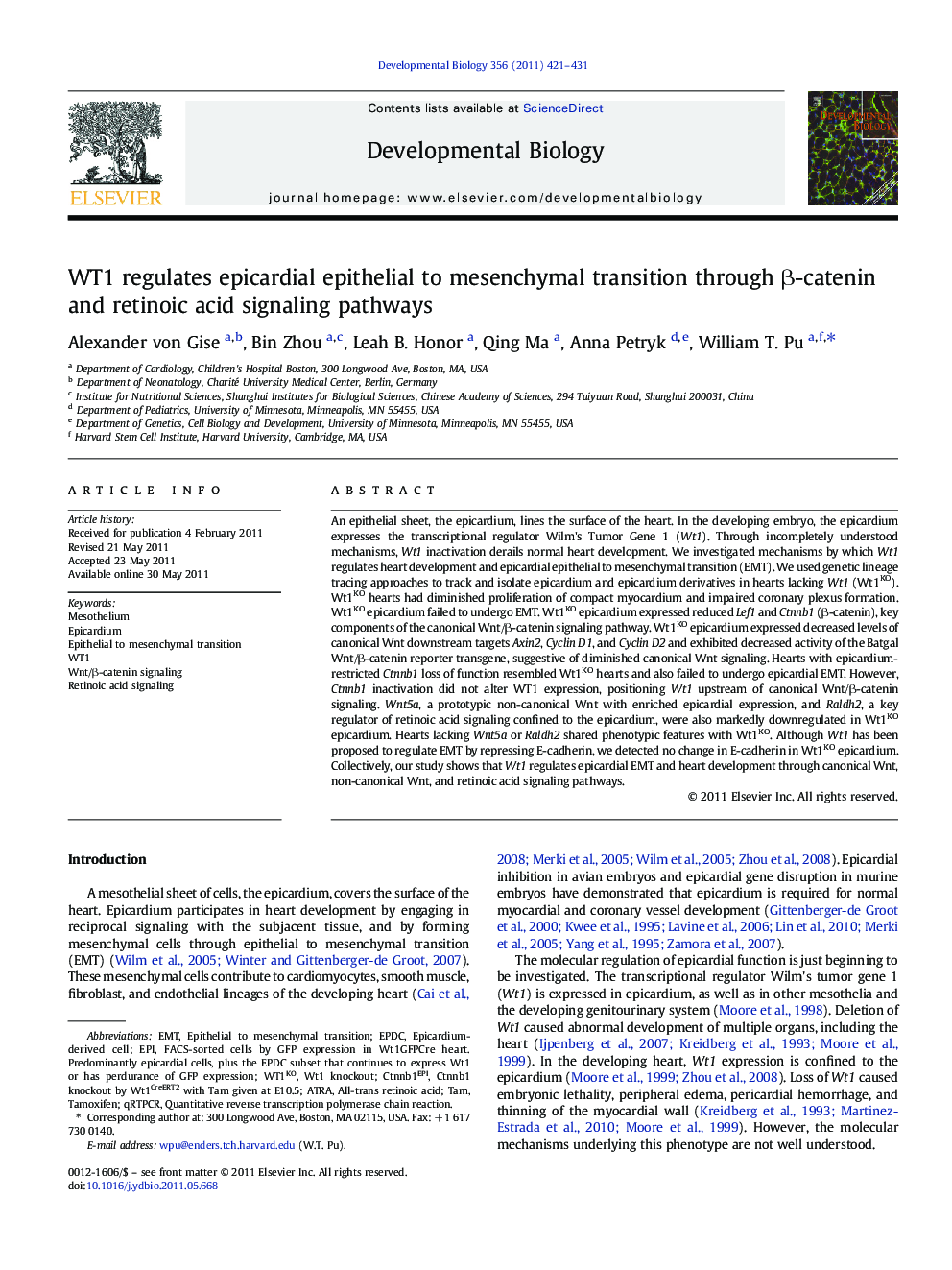 WT1 regulates epicardial epithelial to mesenchymal transition through β-catenin and retinoic acid signaling pathways