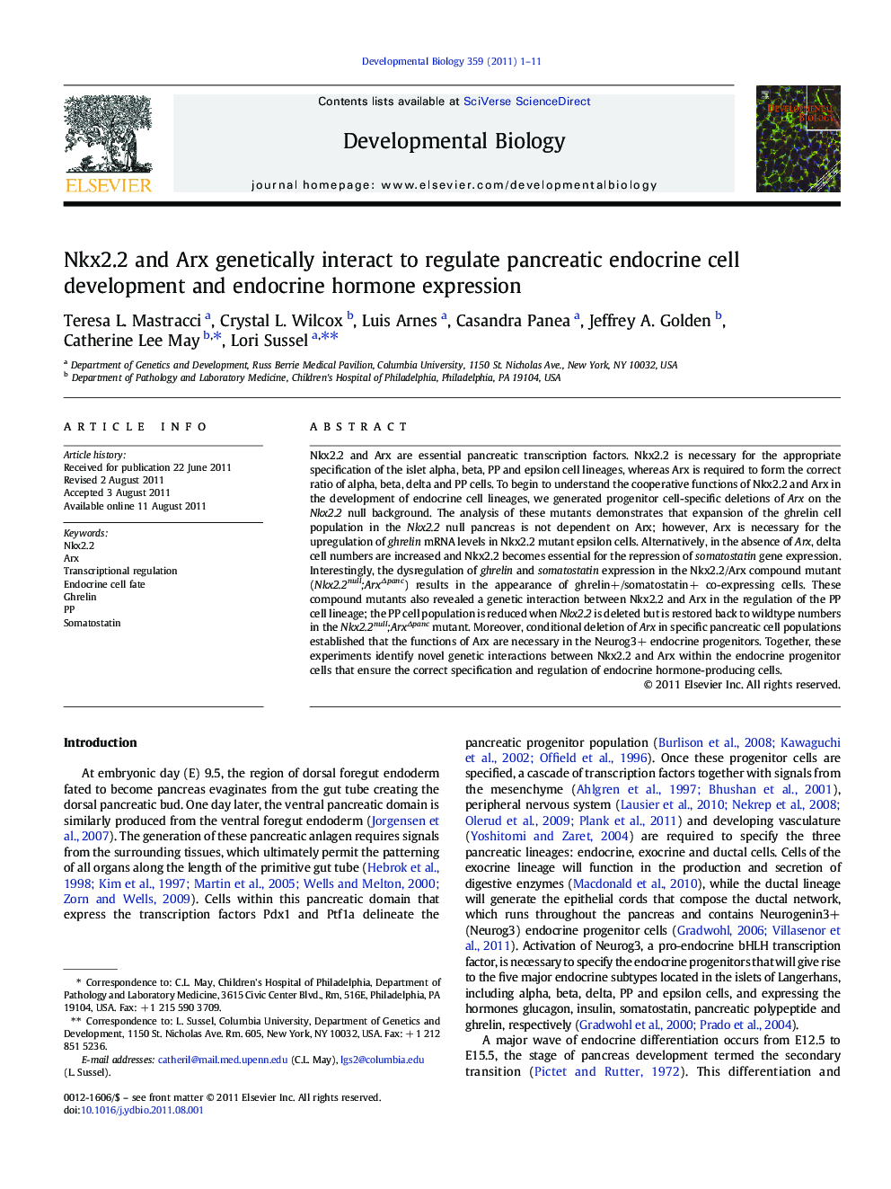 Nkx2.2 and Arx genetically interact to regulate pancreatic endocrine cell development and endocrine hormone expression