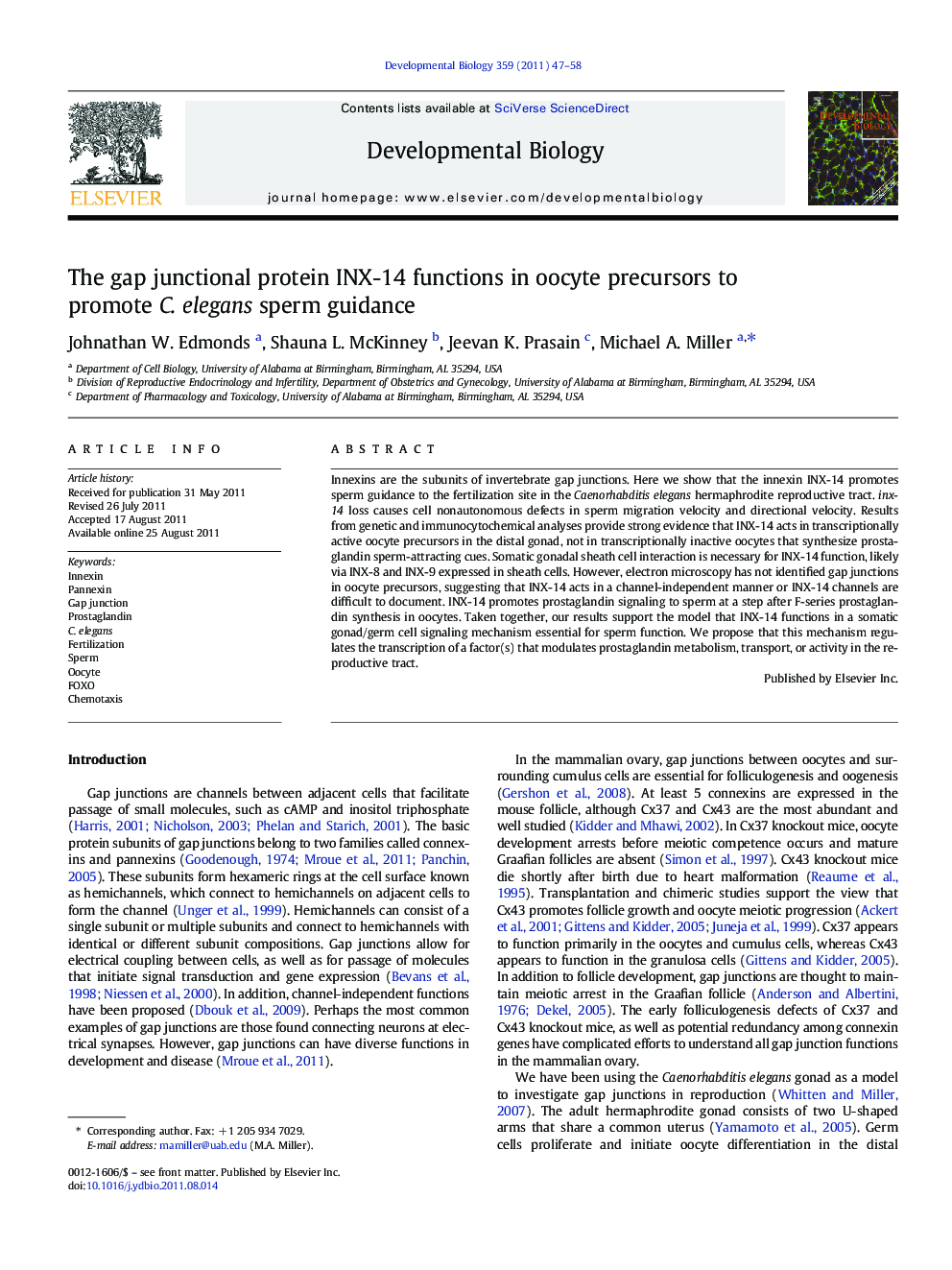 The gap junctional protein INX-14 functions in oocyte precursors to promote C. elegans sperm guidance