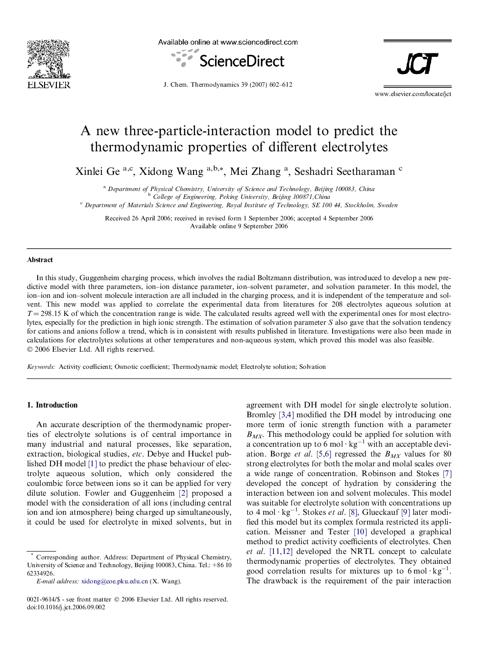 A new three-particle-interaction model to predict the thermodynamic properties of different electrolytes