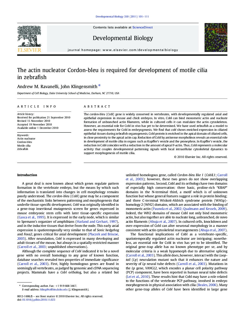 The actin nucleator Cordon-bleu is required for development of motile cilia in zebrafish