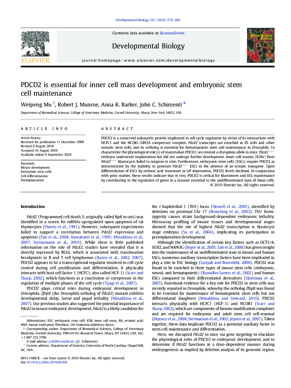 PDCD2 is essential for inner cell mass development and embryonic stem cell maintenance