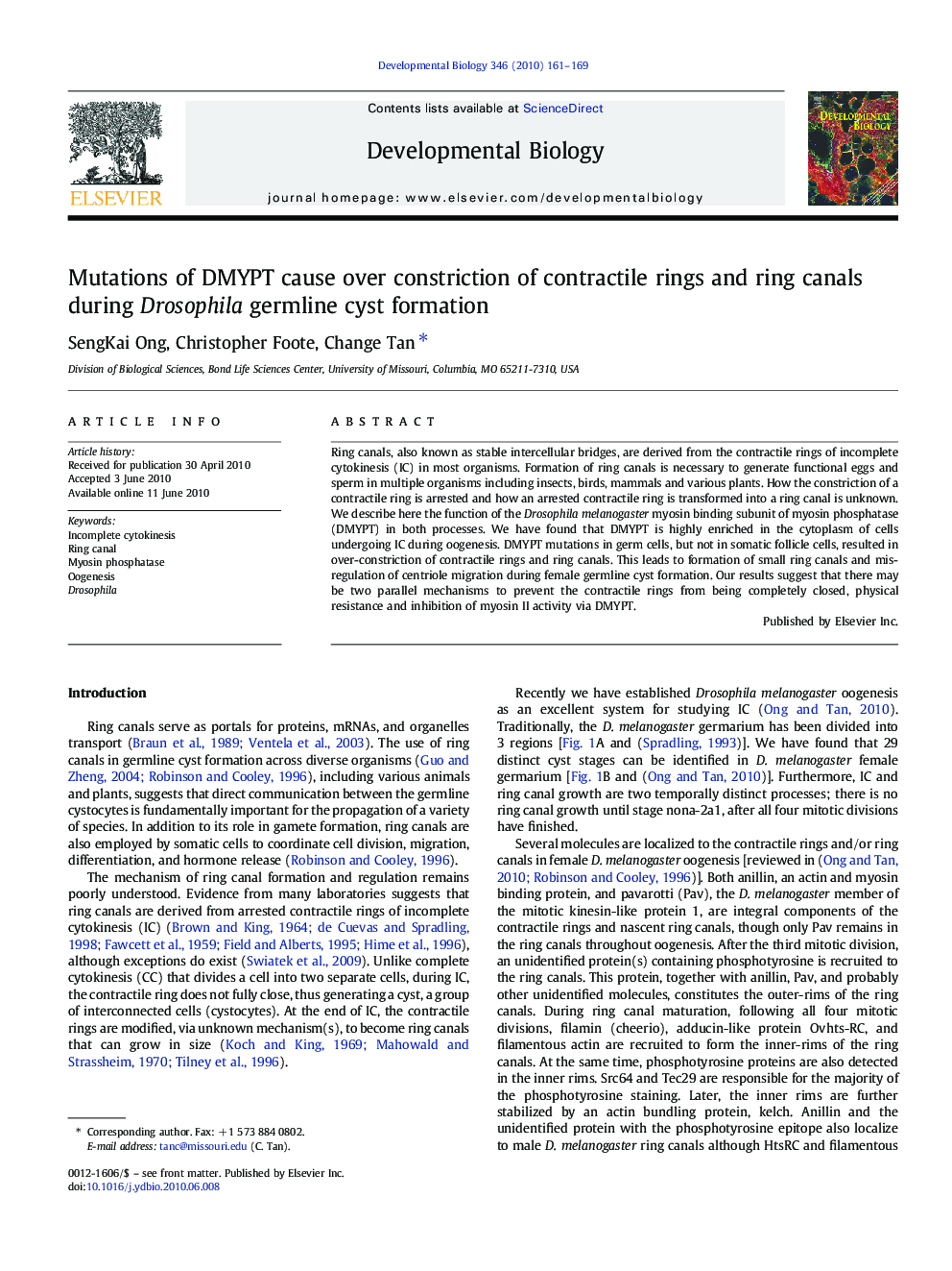 Mutations of DMYPT cause over constriction of contractile rings and ring canals during Drosophila germline cyst formation