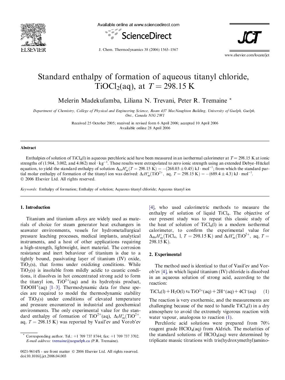 Standard enthalpy of formation of aqueous titanyl chloride, TiOCl2(aq), at T = 298.15 K