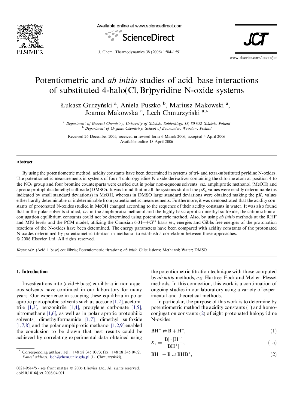 عکس صفحه اول مقاله: Potentiometric and ab initio studies of acid–base interactions of substituted 4-halo(Cl, Br)pyridine N-oxide systems Potentiometric and ab initio studies of acid–base interactions of substituted 4-halo(Cl, Br)pyridine N-oxide systems