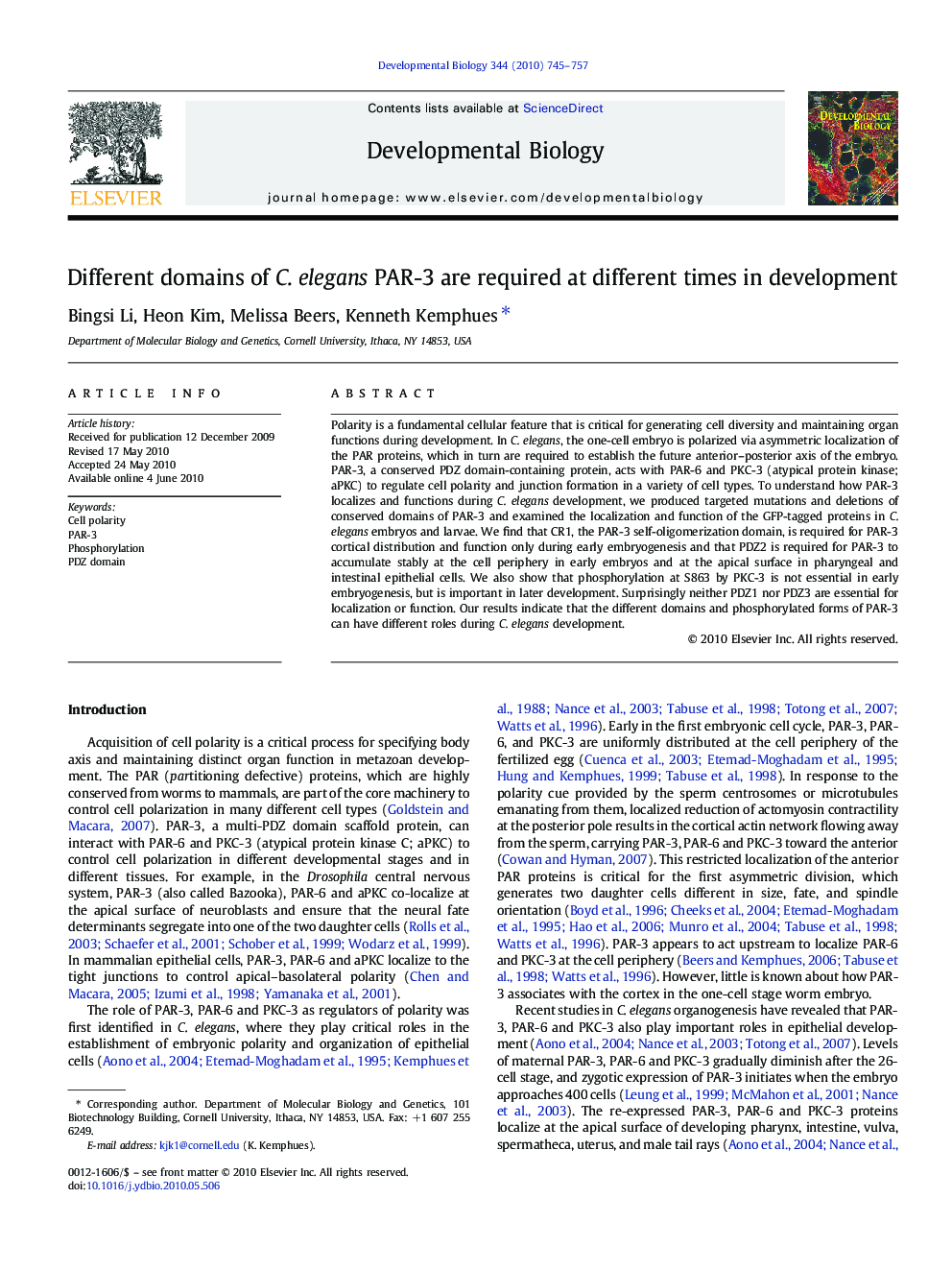 Different domains of C. elegans PAR-3 are required at different times in development