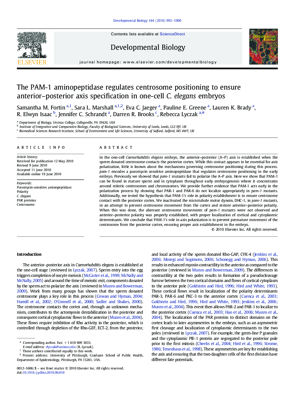 The PAM-1 aminopeptidase regulates centrosome positioning to ensure anterior–posterior axis specification in one-cell C. elegans embryos