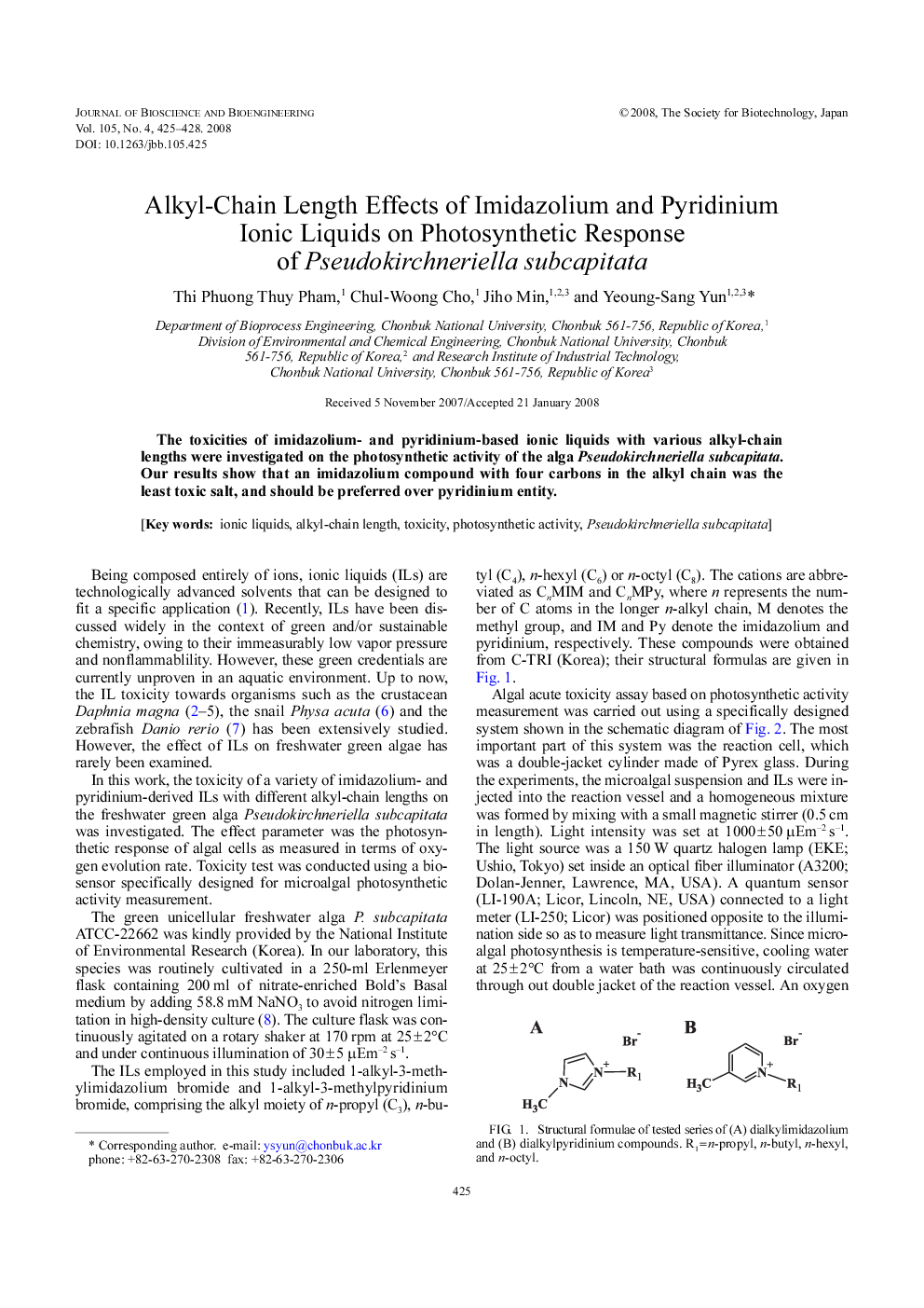 Alkyl-chain length effects of imidazolium and pyridinium ionic liquids on photosynthetic response of Pseudokirchneriella subcapitata