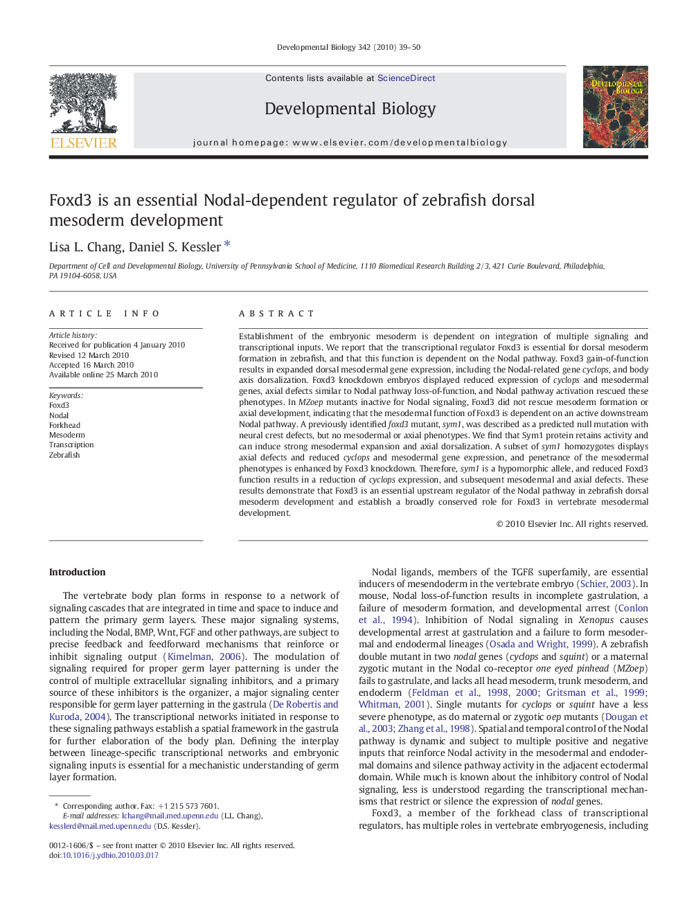 Foxd3 is an essential Nodal-dependent regulator of zebrafish dorsal mesoderm development