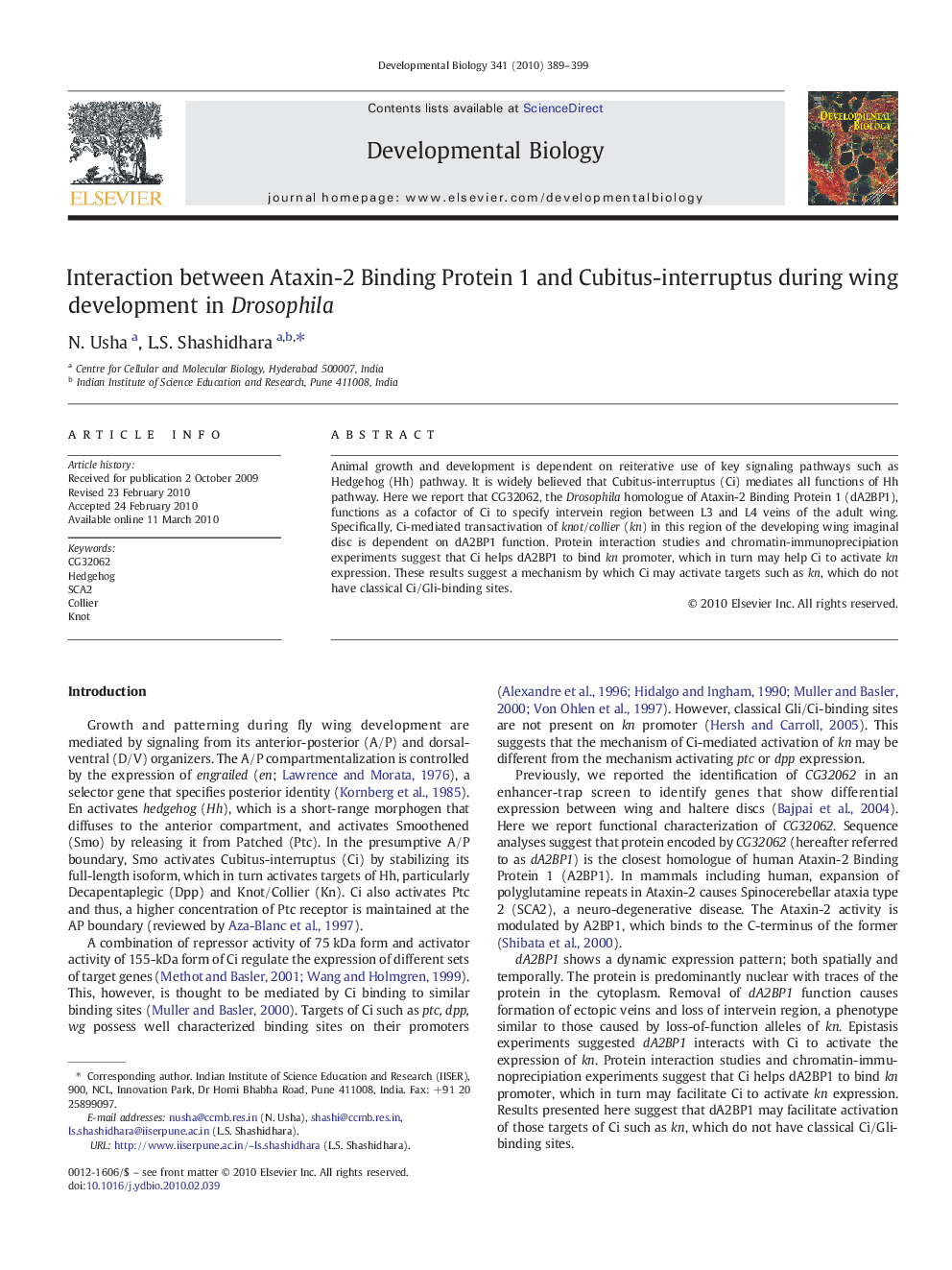 Interaction between Ataxin-2 Binding Protein 1 and Cubitus-interruptus during wing development in Drosophila