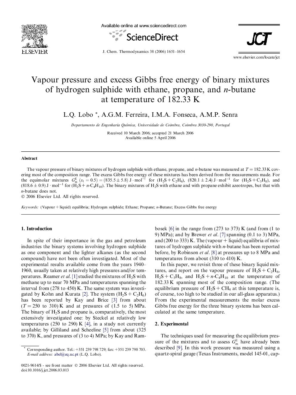 Vapour pressure and excess Gibbs free energy of binary mixtures of hydrogen sulphide with ethane, propane, and n-butane at temperature of 182.33 K