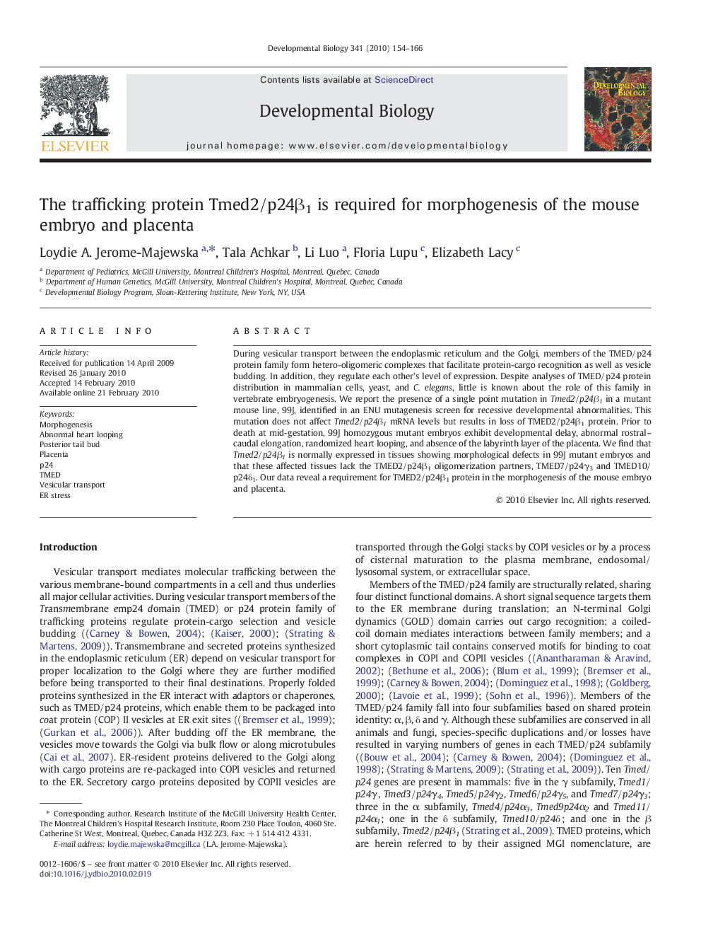 The trafficking protein Tmed2/p24β1 is required for morphogenesis of the mouse embryo and placenta