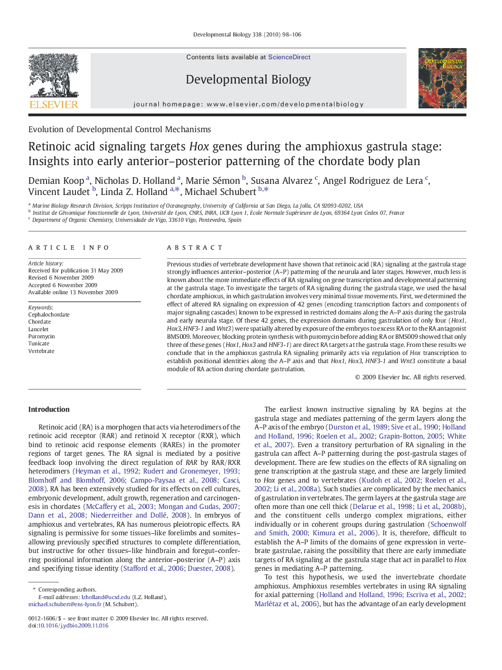 Retinoic acid signaling targets Hox genes during the amphioxus gastrula stage: Insights into early anterior–posterior patterning of the chordate body plan