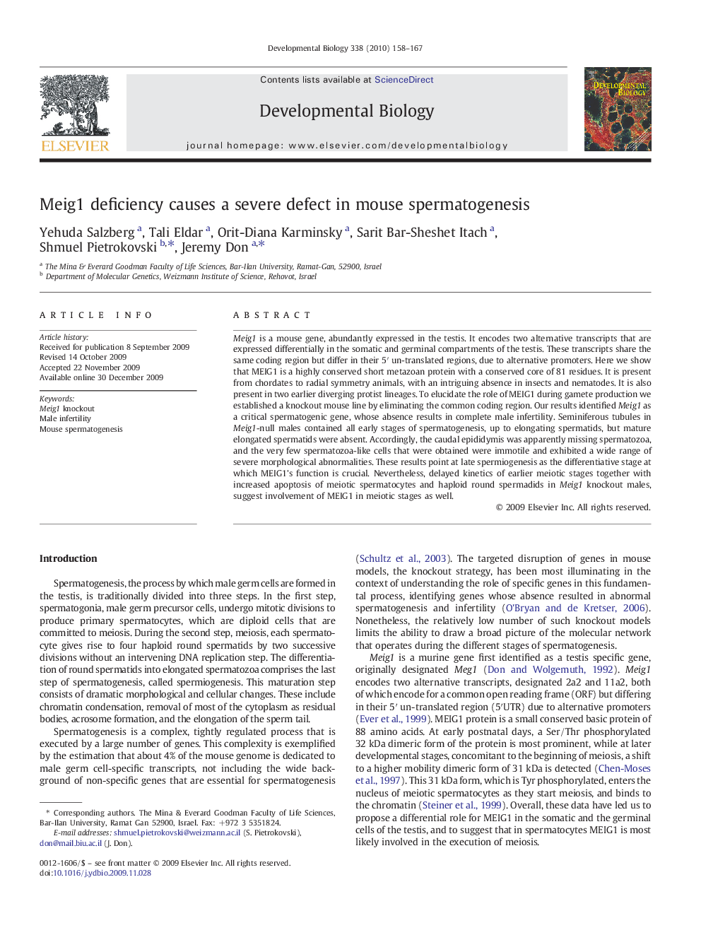 Meig1 deficiency causes a severe defect in mouse spermatogenesis