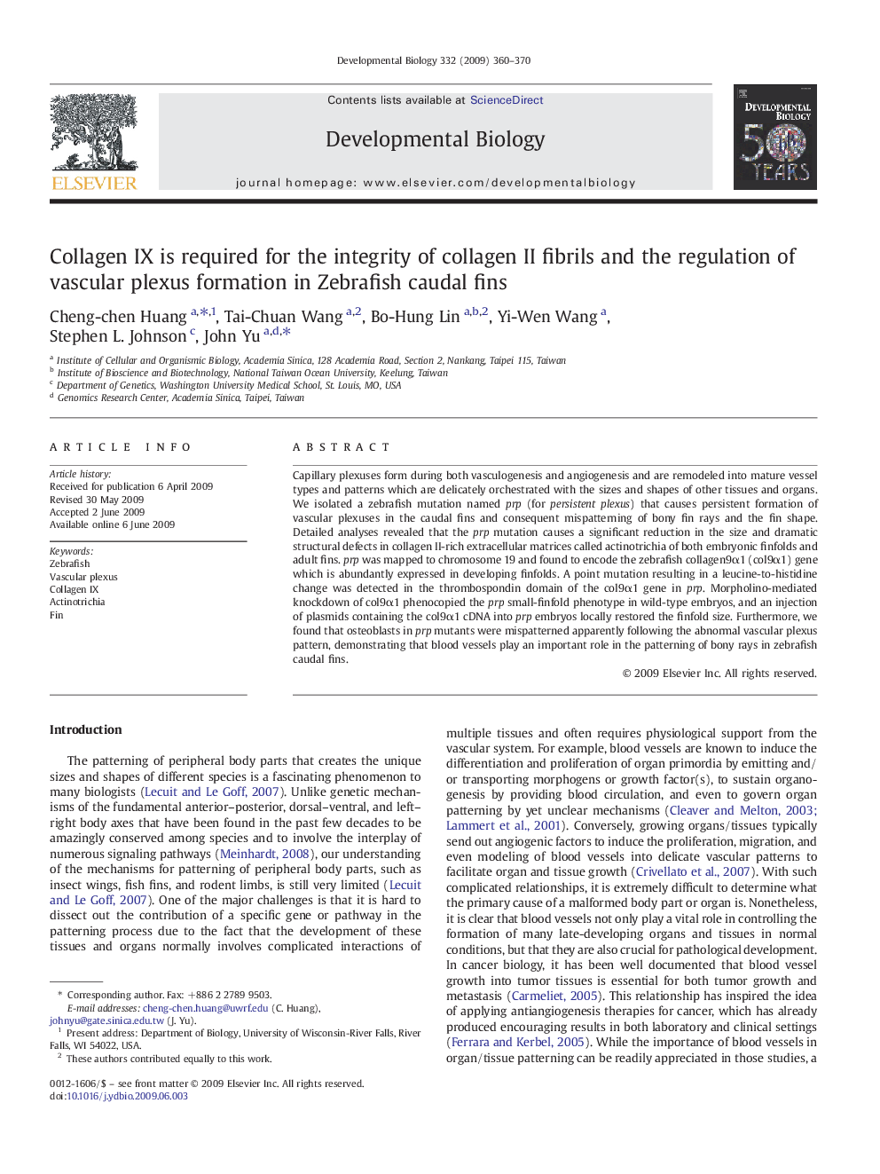 Collagen IX is required for the integrity of collagen II fibrils and the regulation of vascular plexus formation in Zebrafish caudal fins