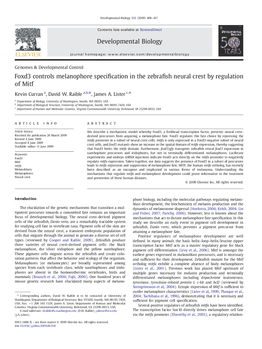 Foxd3 controls melanophore specification in the zebrafish neural crest by regulation of Mitf