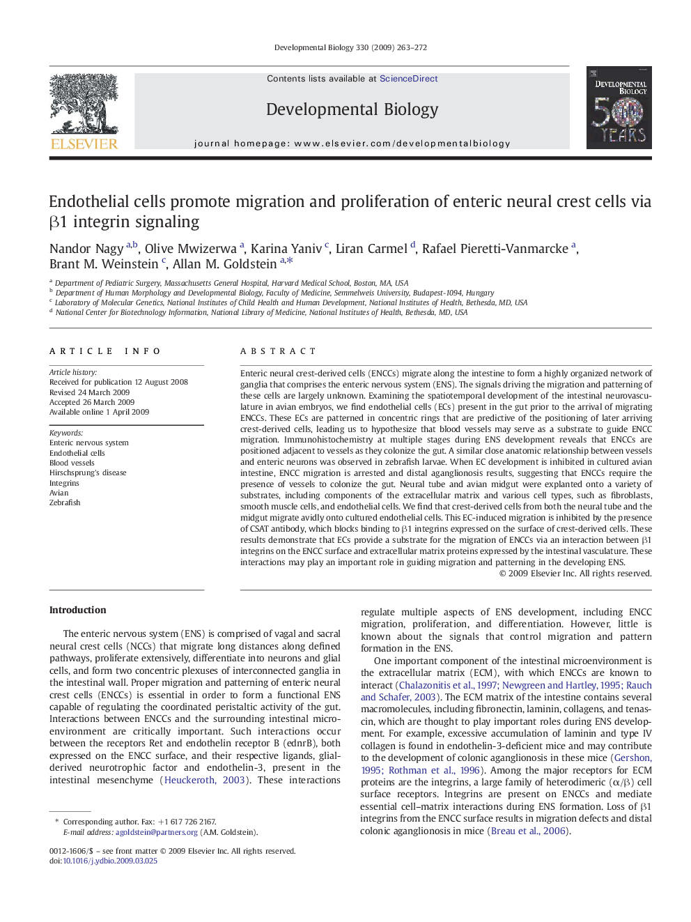 Endothelial cells promote migration and proliferation of enteric neural crest cells via β1 integrin signaling