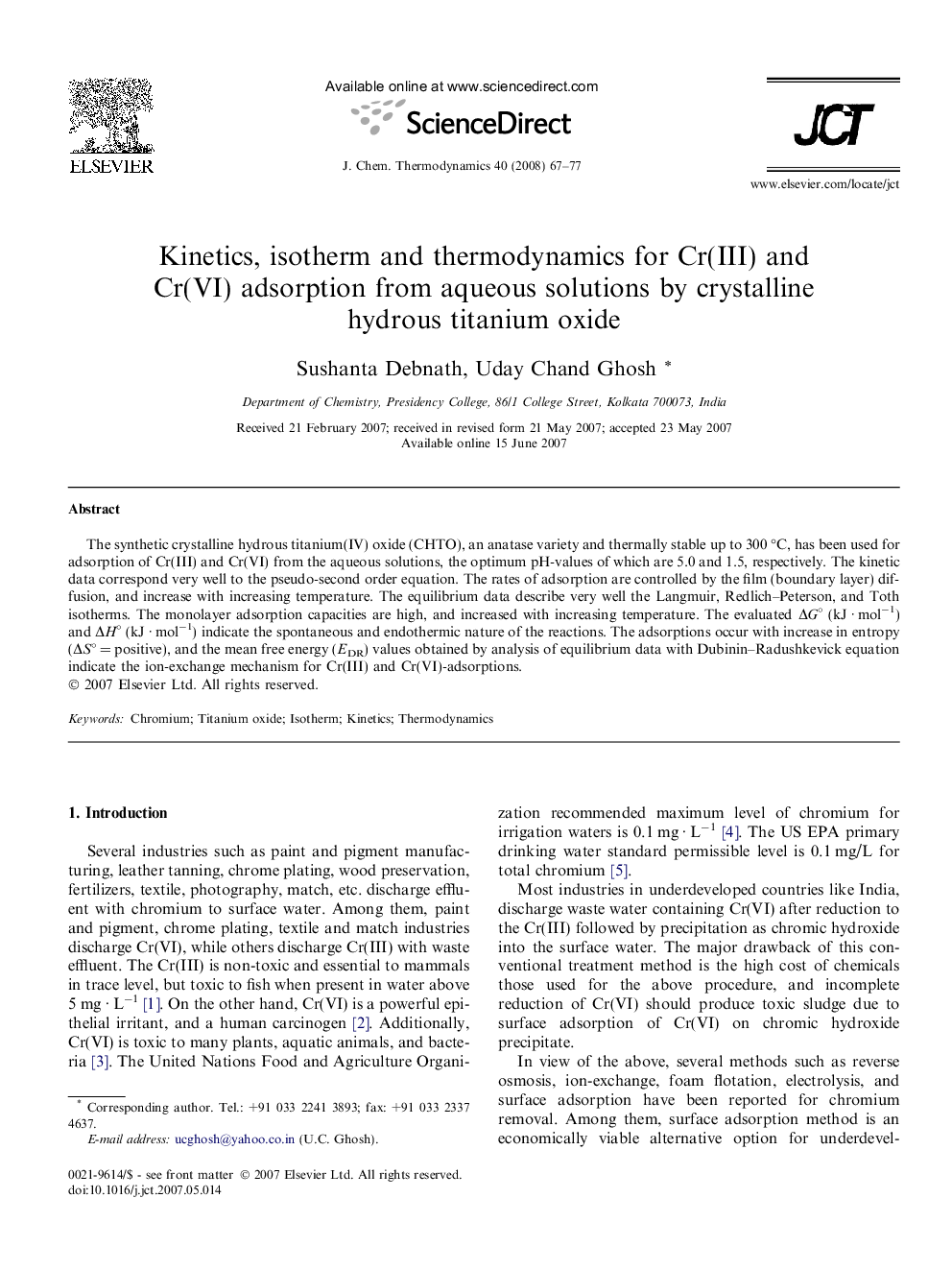 Kinetics, isotherm and thermodynamics for Cr(III) and Cr(VI) adsorption from aqueous solutions by crystalline hydrous titanium oxide