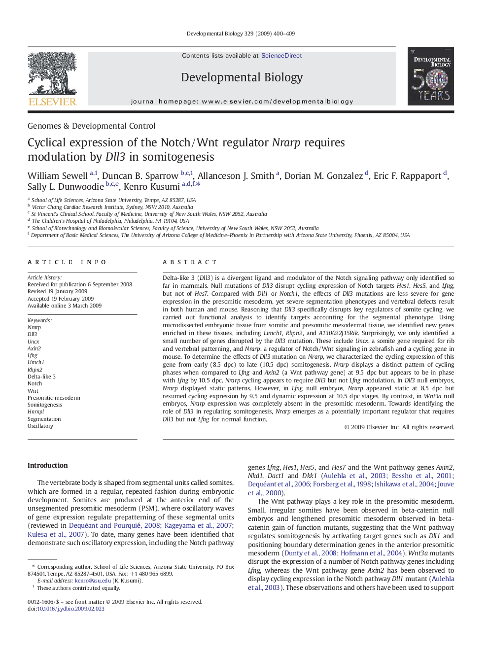 عکس صفحه اول مقاله: Cyclical expression of the Notch/Wnt regulator Nrarp requires modulation by Dll3 in somitogenesis Cyclical expression of the Notch/Wnt regulator Nrarp requires modulation by Dll3 in somitogenesis