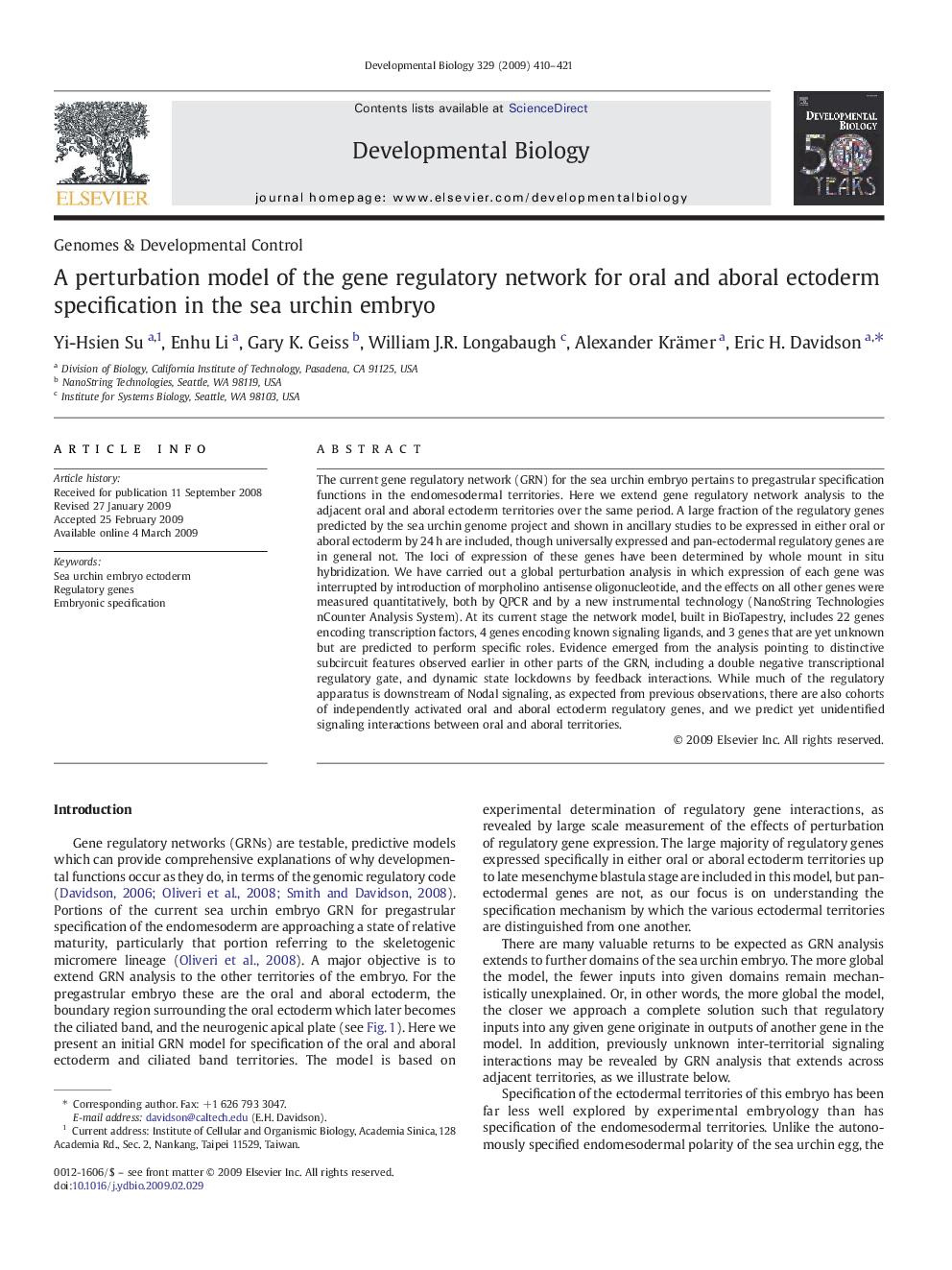 A perturbation model of the gene regulatory network for oral and aboral ectoderm specification in the sea urchin embryo