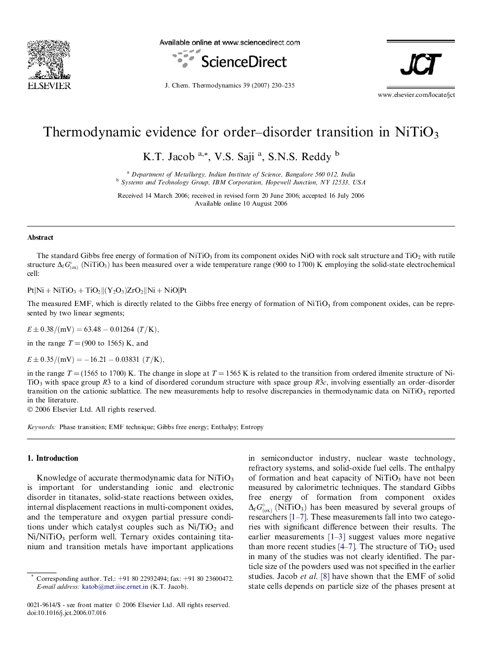 Thermodynamic evidence for order–disorder transition in NiTiO3