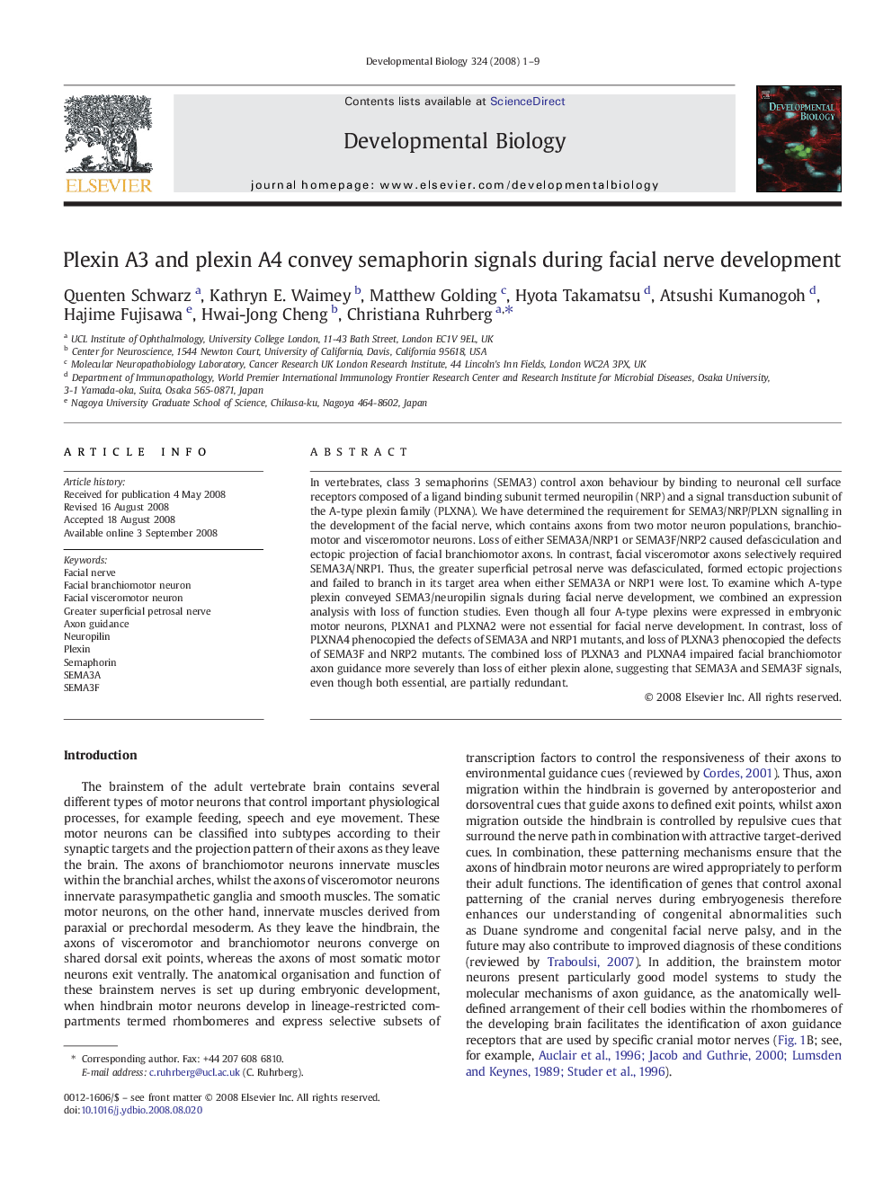 Plexin A3 and plexin A4 convey semaphorin signals during facial nerve development