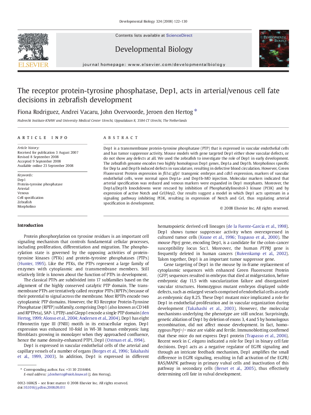 The receptor protein-tyrosine phosphatase, Dep1, acts in arterial/venous cell fate decisions in zebrafish development