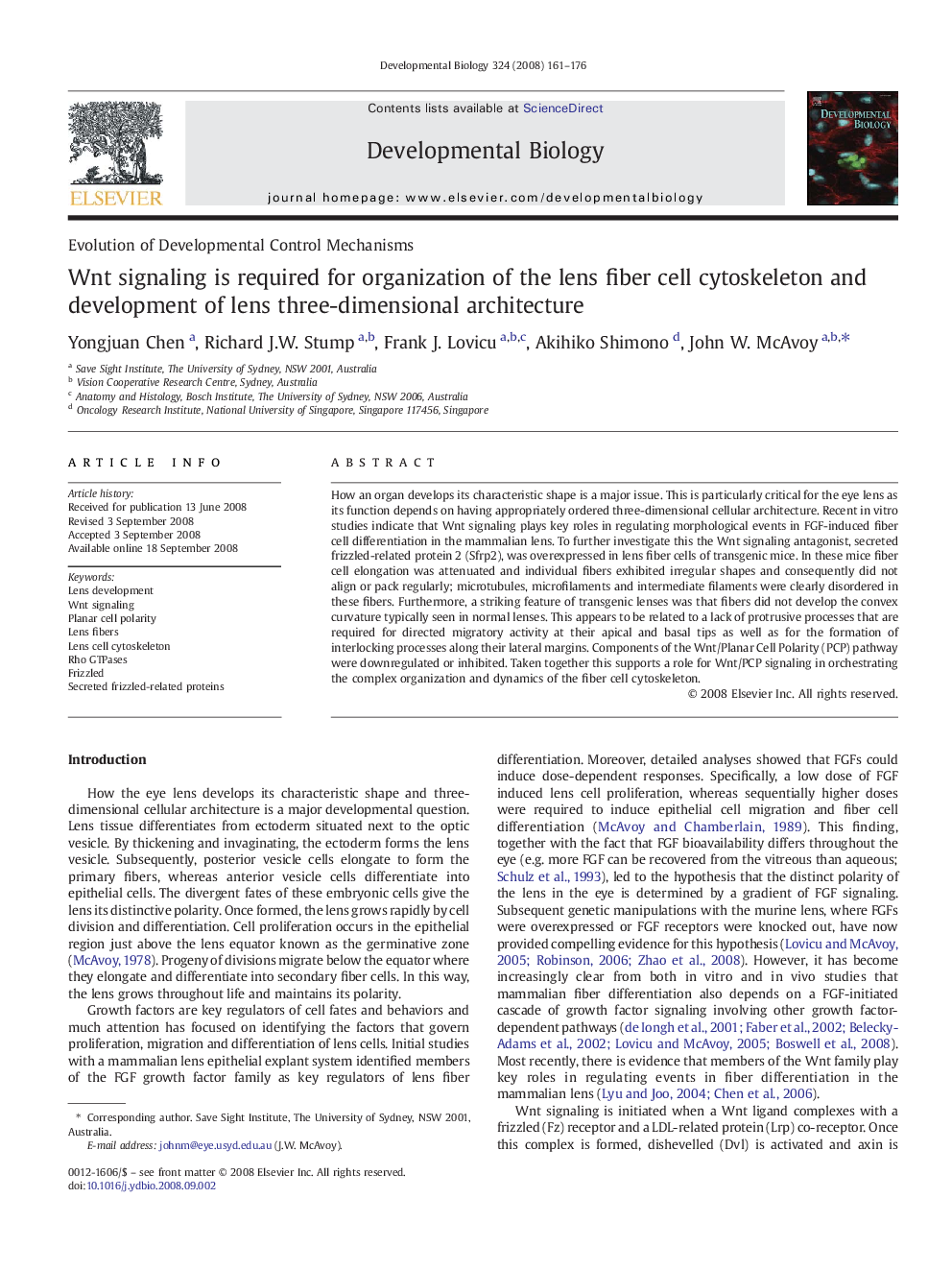 Wnt signaling is required for organization of the lens fiber cell cytoskeleton and development of lens three-dimensional architecture