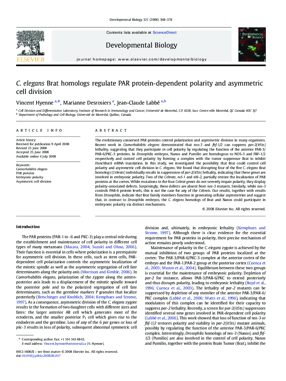 C. elegans Brat homologs regulate PAR protein-dependent polarity and asymmetric cell division