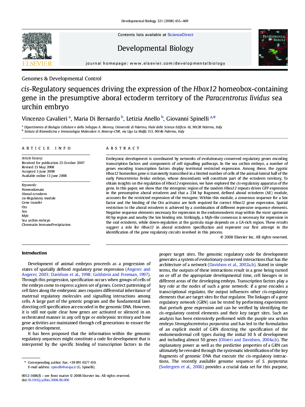 cis-Regulatory sequences driving the expression of the Hbox12 homeobox-containing gene in the presumptive aboral ectoderm territory of the Paracentrotus lividus sea urchin embryo