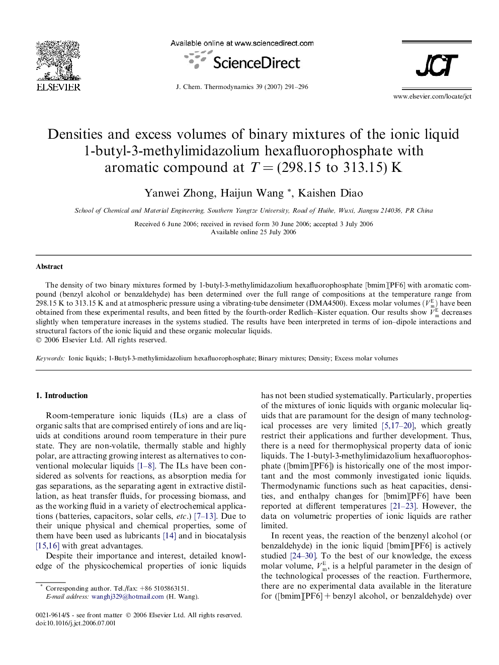 Densities and excess volumes of binary mixtures of the ionic liquid 1-butyl-3-methylimidazolium hexafluorophosphate with aromatic compound at T = (298.15 to 313.15) K