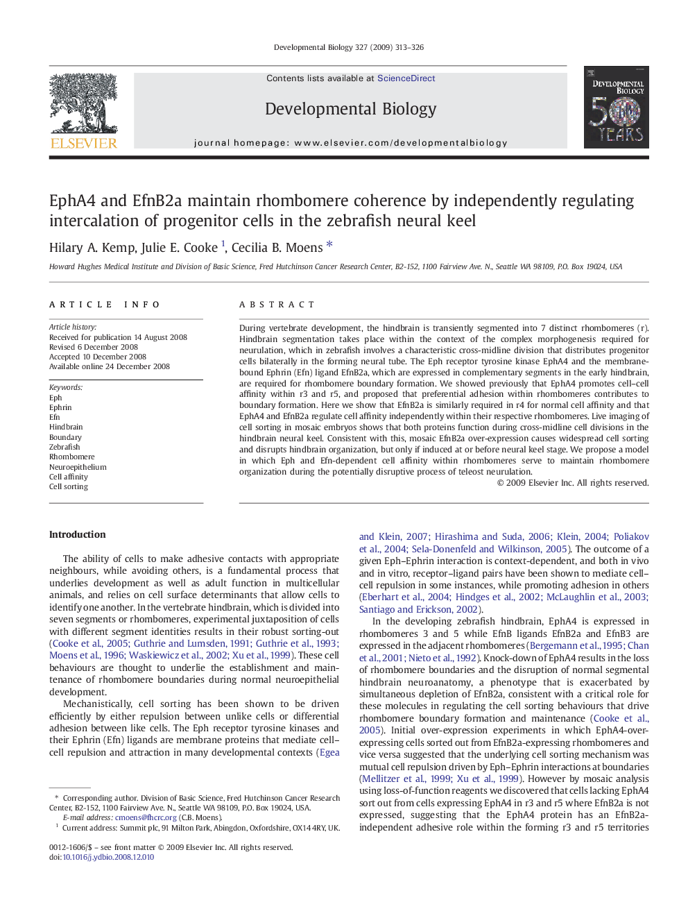 EphA4 and EfnB2a maintain rhombomere coherence by independently regulating intercalation of progenitor cells in the zebrafish neural keel