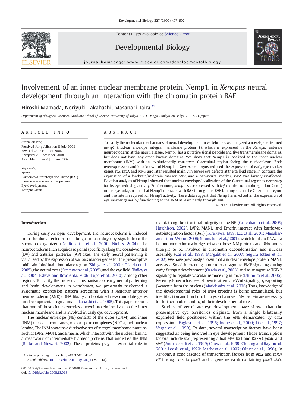 Involvement of an inner nuclear membrane protein, Nemp1, in Xenopus neural development through an interaction with the chromatin protein BAF