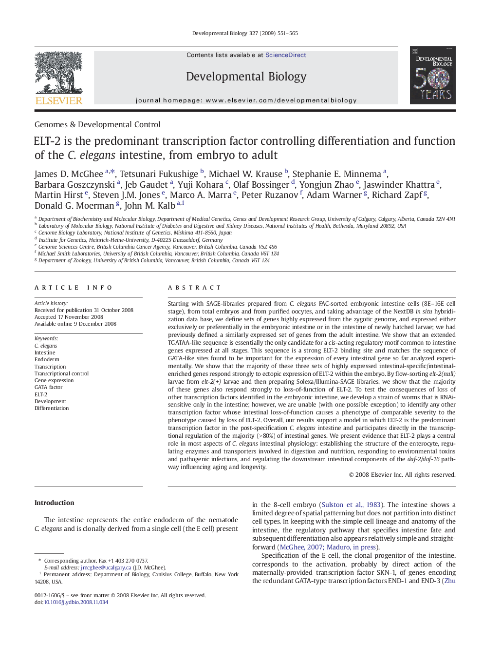 ELT-2 is the predominant transcription factor controlling differentiation and function of the C. elegans intestine, from embryo to adult