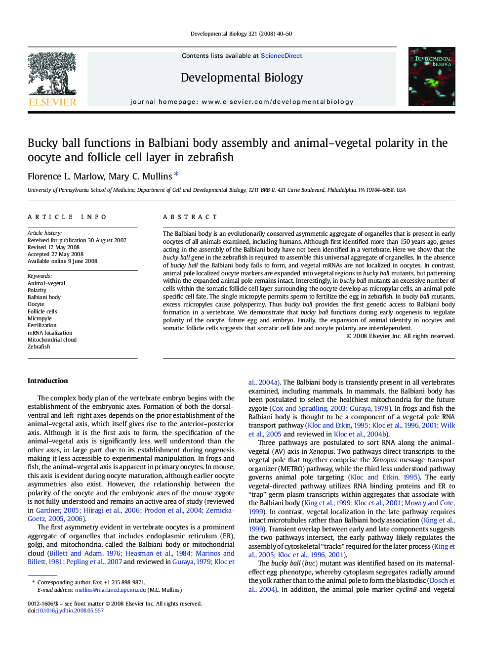 Bucky ball functions in Balbiani body assembly and animal–vegetal polarity in the oocyte and follicle cell layer in zebrafish