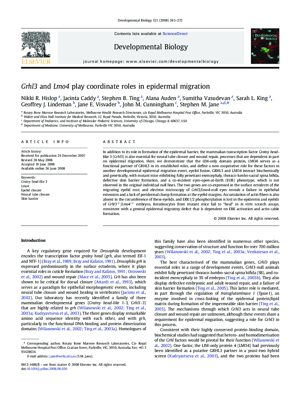 Grhl3 and Lmo4 play coordinate roles in epidermal migration