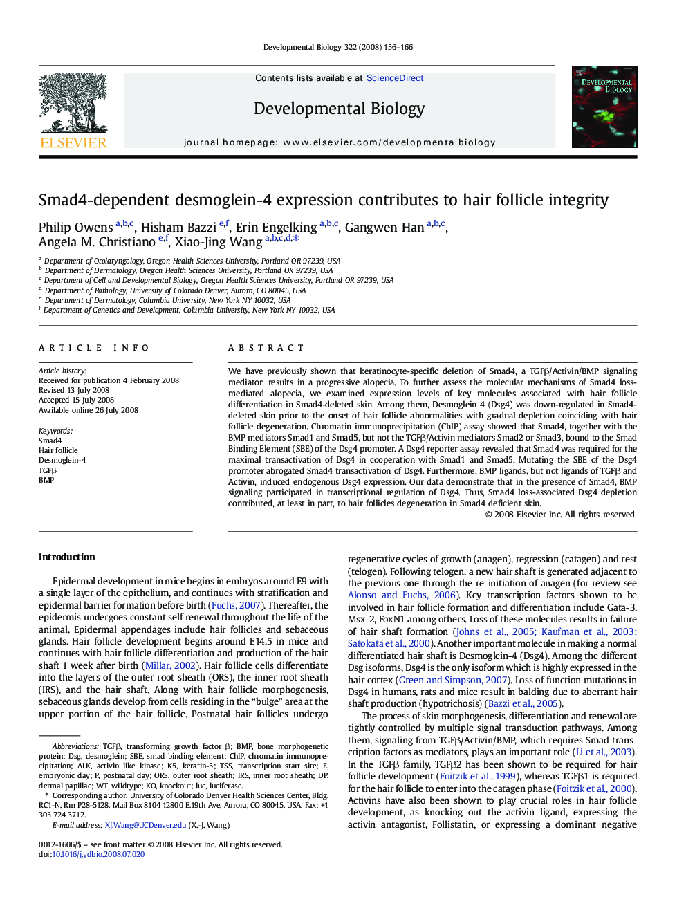 Smad4-dependent desmoglein-4 expression contributes to hair follicle integrity