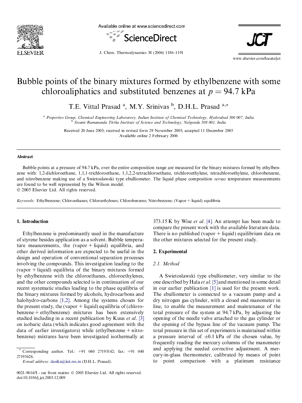 Bubble points of the binary mixtures formed by ethylbenzene with some chloroaliphatics and substituted benzenes at p = 94.7 kPa