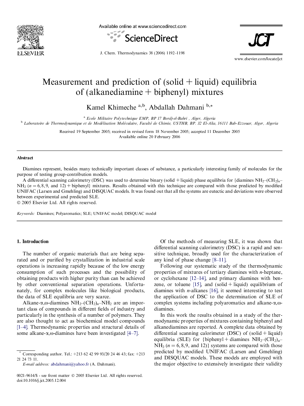 Measurement and prediction of (solid + liquid) equilibria of (alkanediamine + biphenyl) mixtures