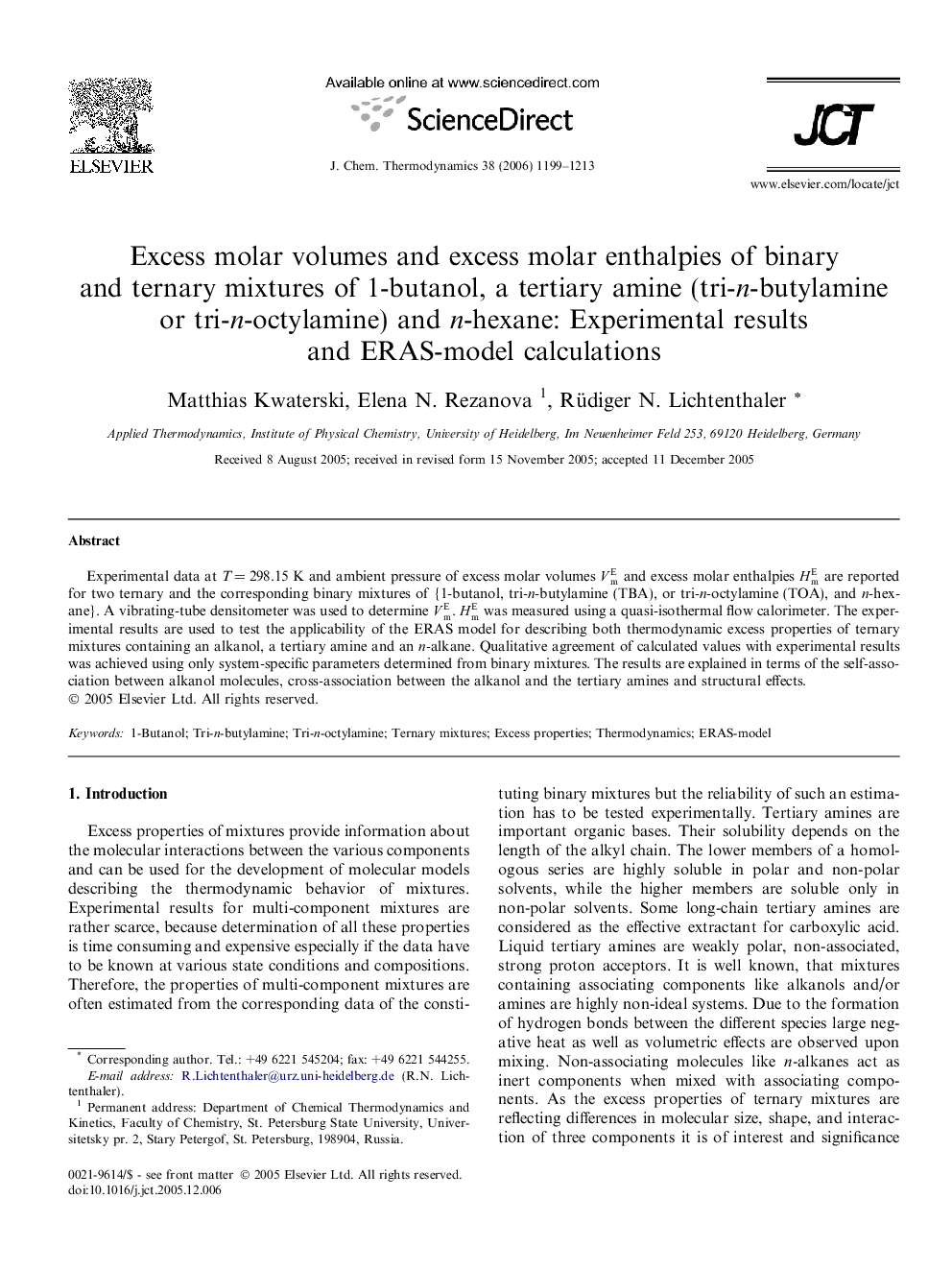 Excess molar volumes and excess molar enthalpies of binary and ternary mixtures of 1-butanol, a tertiary amine (tri-n-butylamine or tri-n-octylamine) and n-hexane: Experimental results and ERAS-model calculations