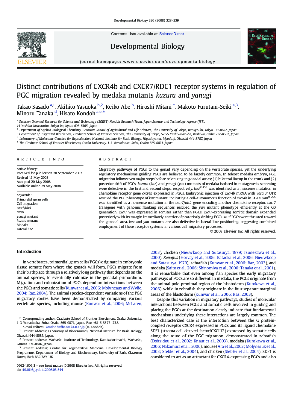 Distinct contributions of CXCR4b and CXCR7/RDC1 receptor systems in regulation of PGC migration revealed by medaka mutants kazura and yanagi